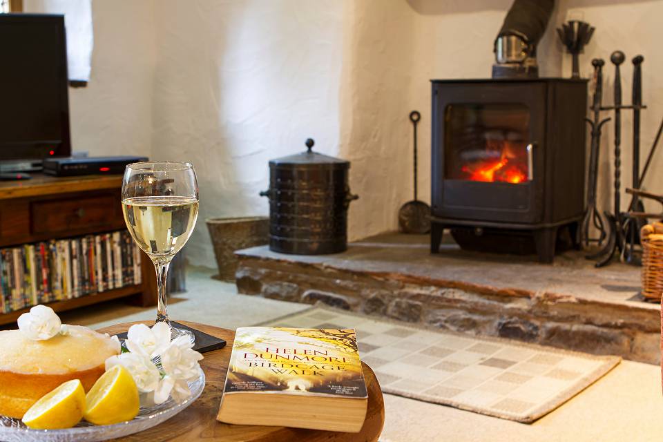 Soft focus shot of the wood-burner in the lounge with a glass of white wine and a good book on a table in the foreground