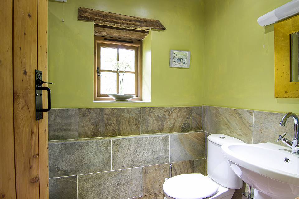 Bathroom with lime green walls and grey tiles